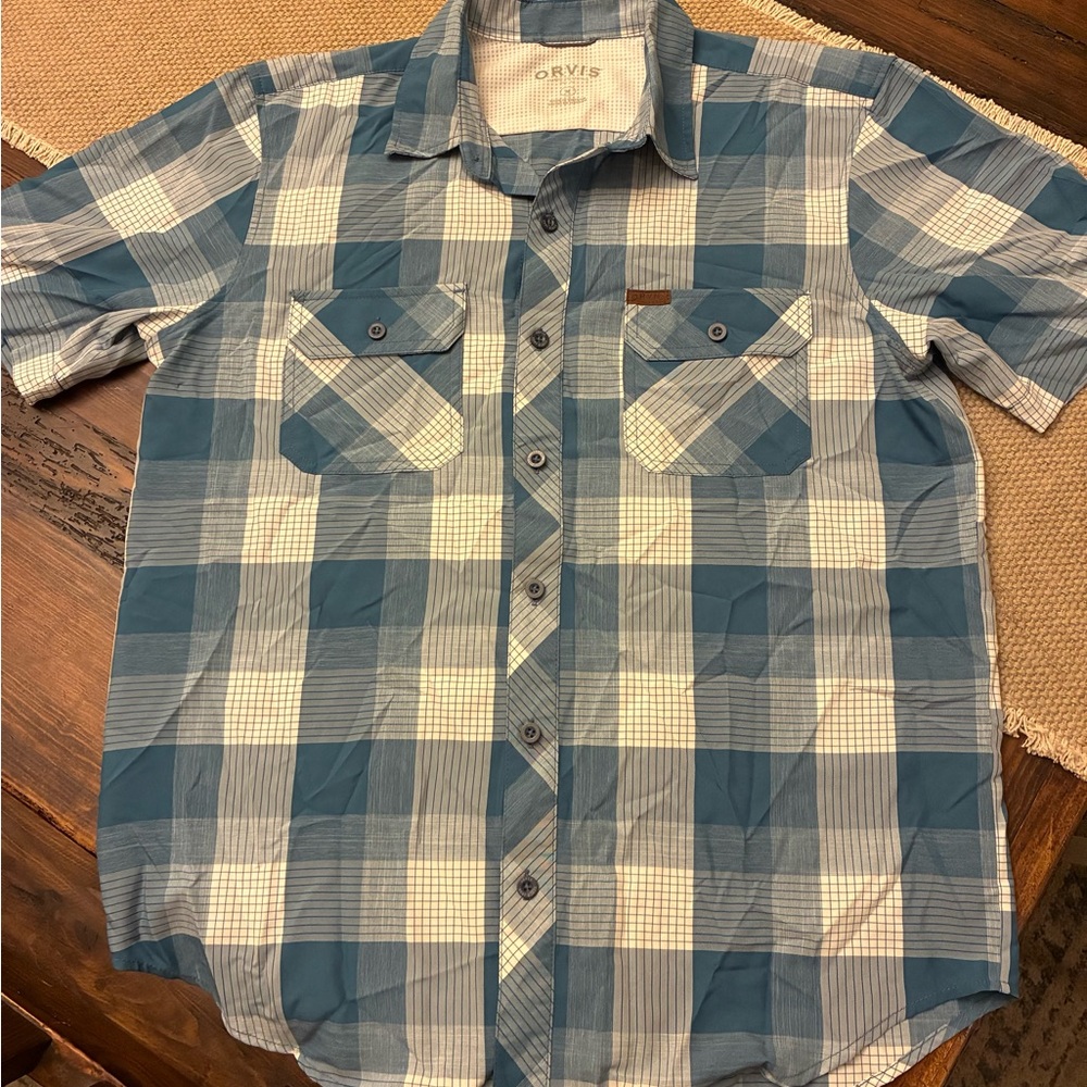 Orvis Button Up Short Sleeve Shirt Blue Men's Size Medium Breathable Lightweight